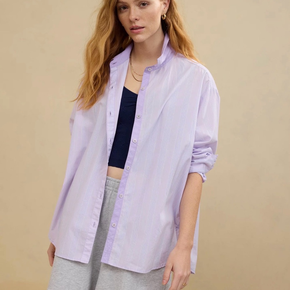 AE Aerie Good Pinstriped Button Down Oversized Shirt XL Blue White